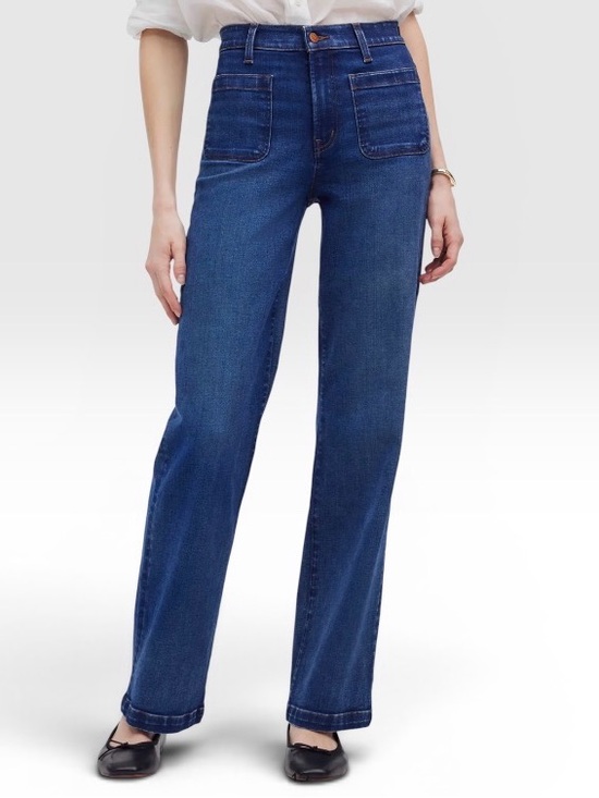 Madewell Denim - Madewell Emmet Wide Leg High Rise Dark Wash Blue Denim Patch Pockets Size 25